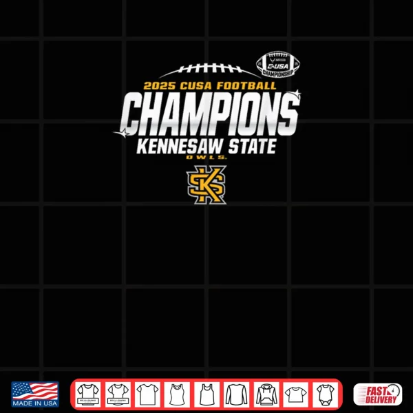 Kennesaw State Owls C USA Champs 2025 Football Locker Room Shirt 4 Design Kennesaw State Owls C USA Champs 2025 Football Locker Room Shirt 1