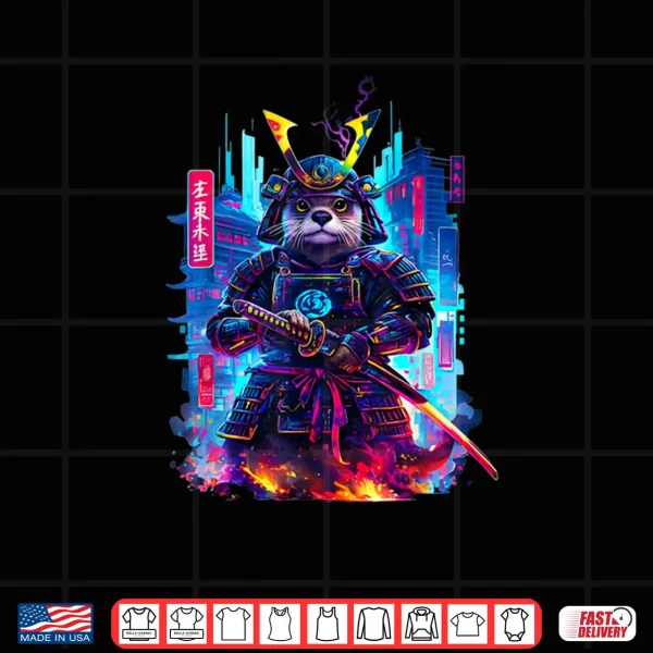 Design Otter Katana Cyberpunk Neon Samurai Japanese Art Shirt
