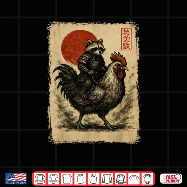Design Raccoon Rooster Chicken Japanese Ukiyo e Art Shirt