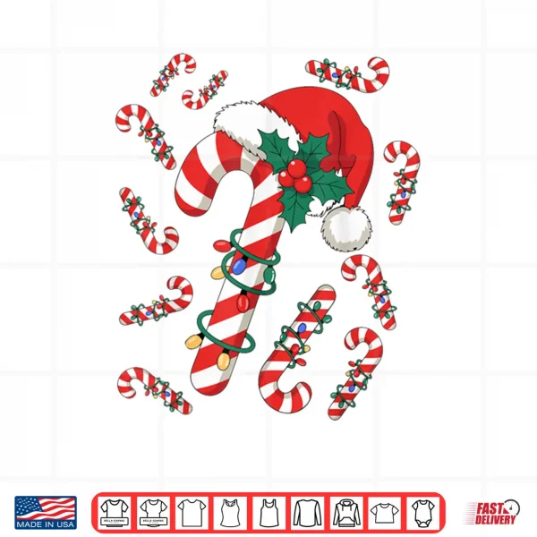Design Red and White Candy Cane Santa Christmas Xmas Lights Shirt