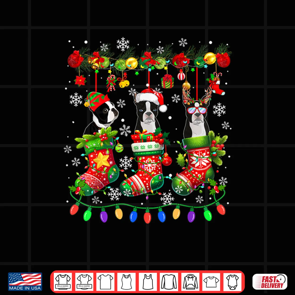 Three Santa Elf Boston Terriers in Colorful Christmas Socks Shirt Three Santa Elf Boston Terriers in Colorful Christmas Socks Shirt