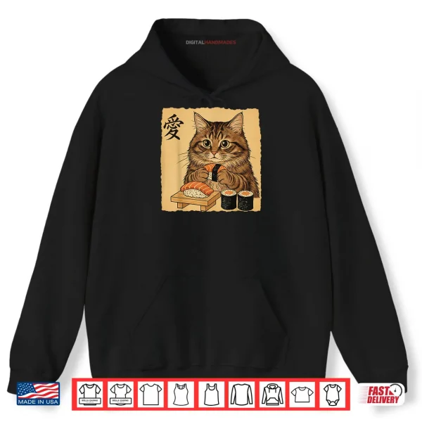 Hoodie Cat Eating Sushi Japanese Art Vintage Style Cat Shirt