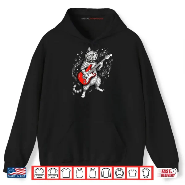 Hoodie Cat Playing Guitar Rock and Roll Humor Shirt