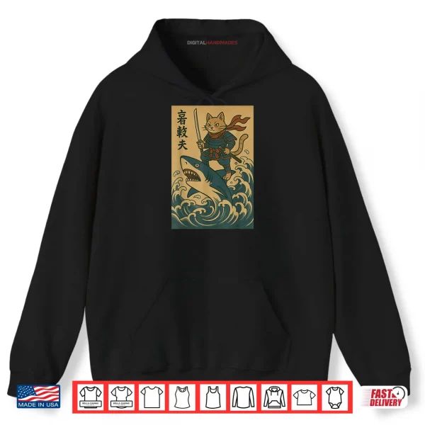 Hoodie Cat Samurai Riding Shark Great Wave Japanese Anime Shirt