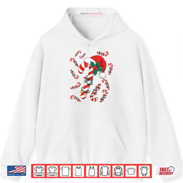 Hoodie Red and White Candy Cane Santa Christmas Xmas Lights Shirt