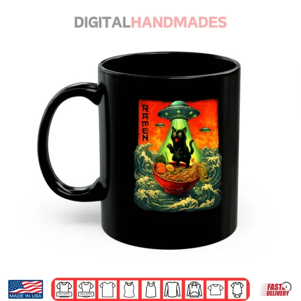 Mug Alien Ramen Cat UFO Japanese Retro Art Shirt