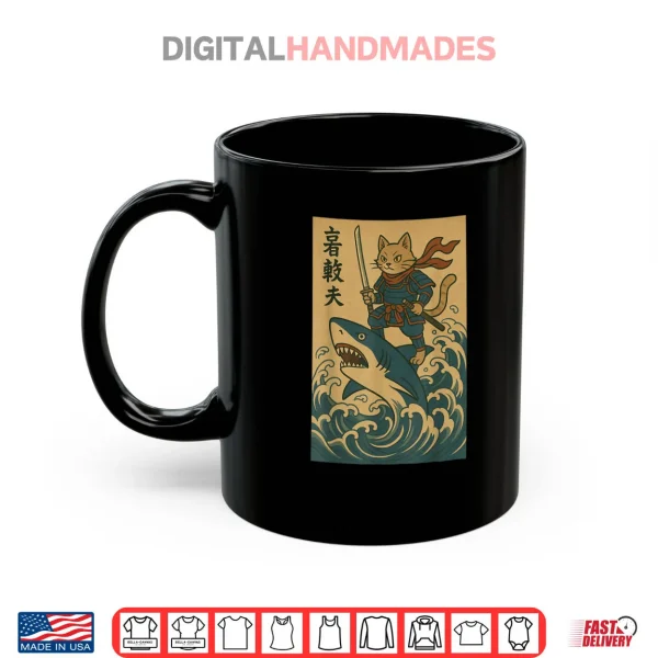 Mug Cat Samurai Riding Shark Great Wave Japanese Anime Shirt