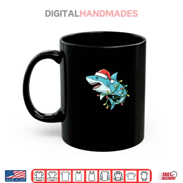 Mug Christmas Shark Santa Hat Wrapped in Lights Funny Xmas Shark Shirt
