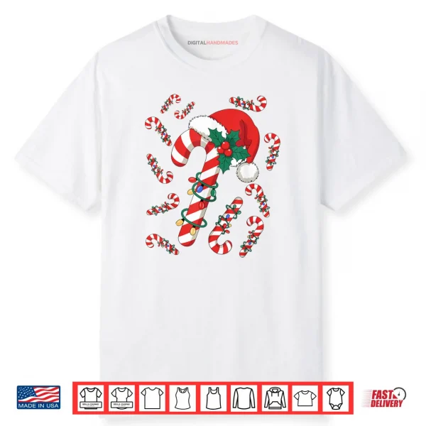Red and White Candy Cane Santa Christmas Xmas Lights Shirt