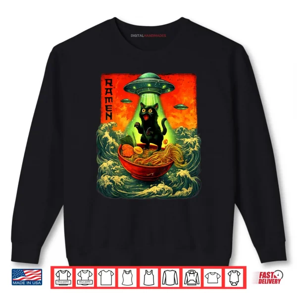 Sweatshirt Alien Ramen Cat UFO Japanese Retro Art Shirt