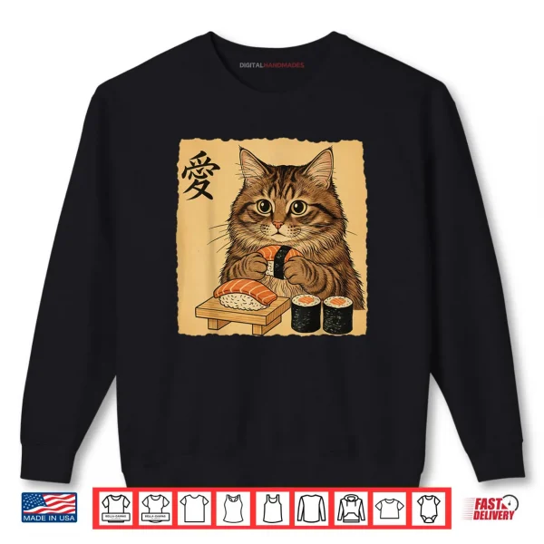 Sweatshirt Cat Eating Sushi Japanese Art Vintage Style Cat Shirt