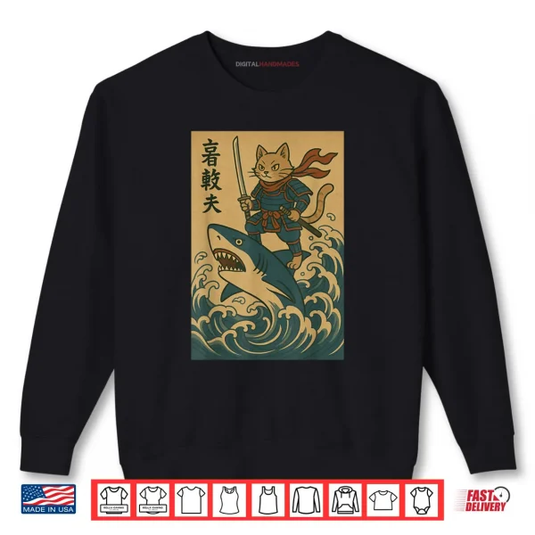 Sweatshirt Cat Samurai Riding Shark Great Wave Japanese Anime Shirt