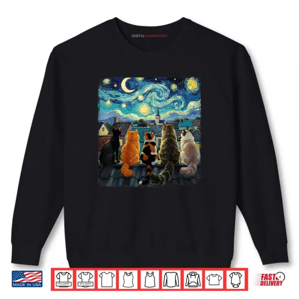 Sweatshirt Cat Starry Night Van Gogh Cats Rooftop Scene Feline Shirt