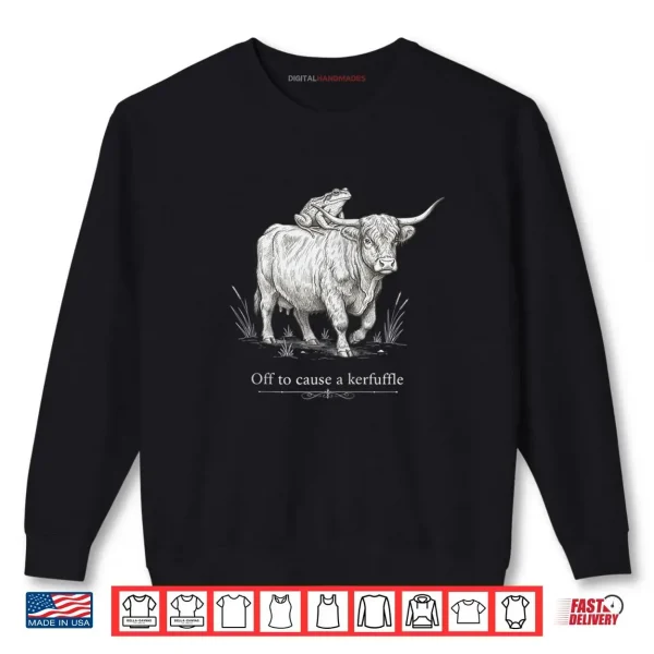 Sweatshirt Off to Cause a Kerfuffle Funny Highland Cow Frog Art Zip Shirt