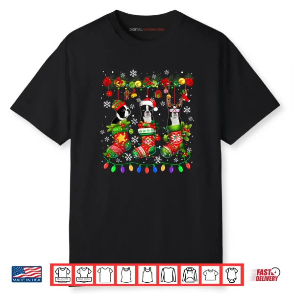 Three Santa Elf Boston Terriers in Colorful Christmas Socks Shirt