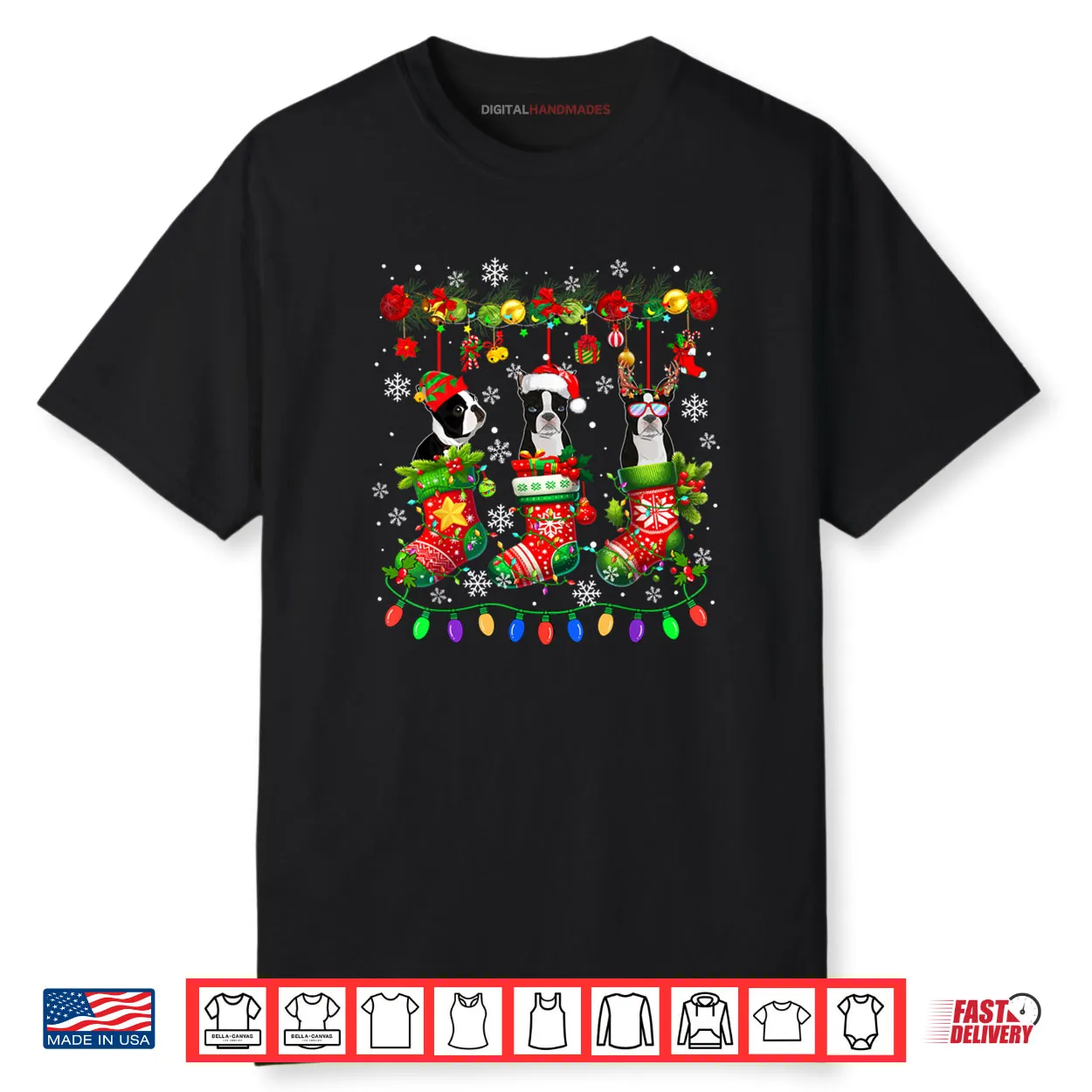 Three Santa Elf Boston Terriers in Colorful Christmas Socks Shirt Three Santa Elf Boston Terriers in Colorful Christmas Socks Shirt