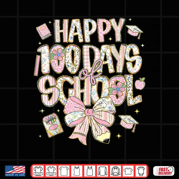Design 100th Day of School Preppy 100 Days Teacher Kid Coquette Bow Shirt 1