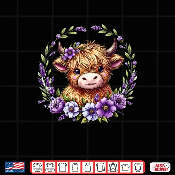 Design Baby Highland Cow with Purple Flowers Scottish Farm Shirt 1