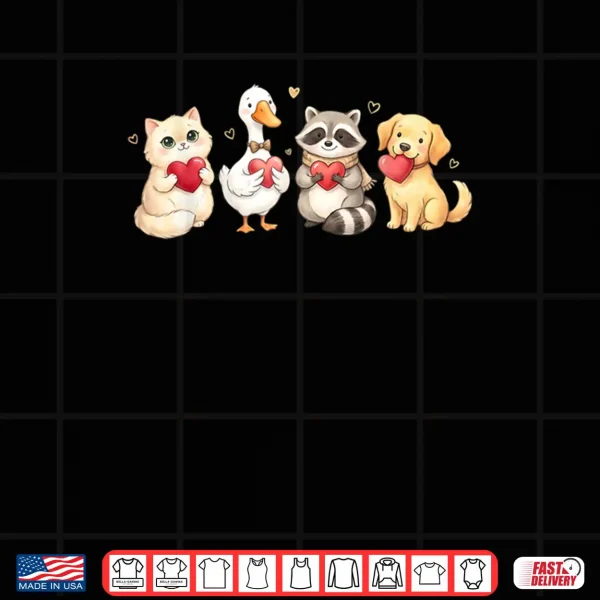 Design Cute Cat Dog Raccoon Goose Holding Hearts Valentine Lovers Shirt