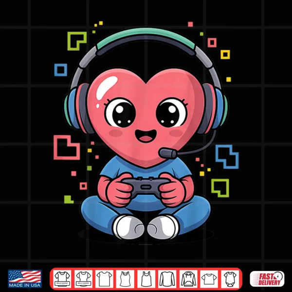 Design Cute Gamer Heart with Headset and Controller Valentine Shirt
