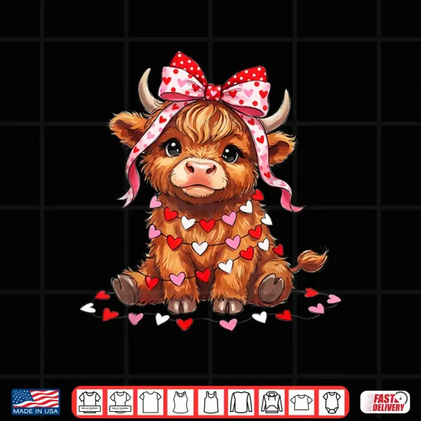 Design Cute Highland Cow Pink Bow Coquette Red Heart Valentine Shirt