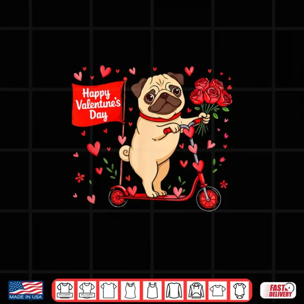 Design Happy Valentines Day Pug Riding Scoter Floral Owner Kids Shirt