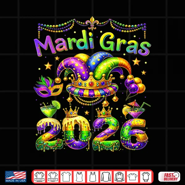 Design Mardi Gras 2026 Carnival Jester Beads Parade Men Women Kids Shirt 1