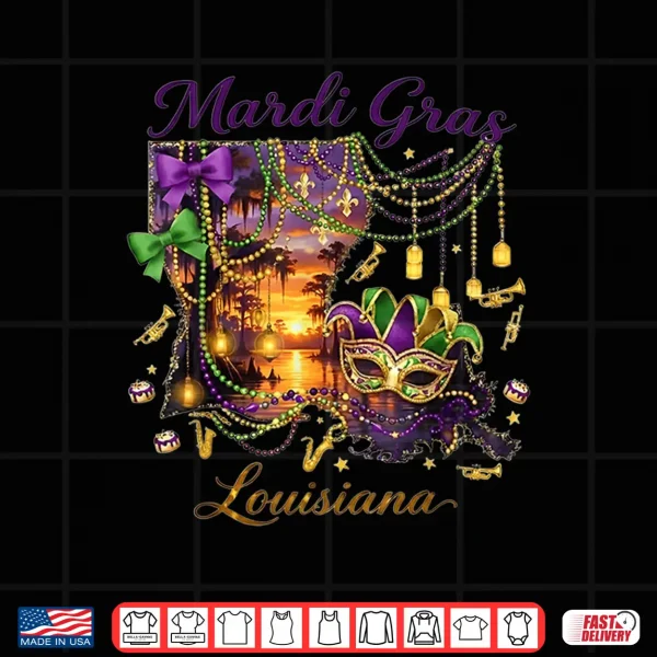 Design Mardi Gras Louisiana Map Carnival Mask Festival Shirt 1