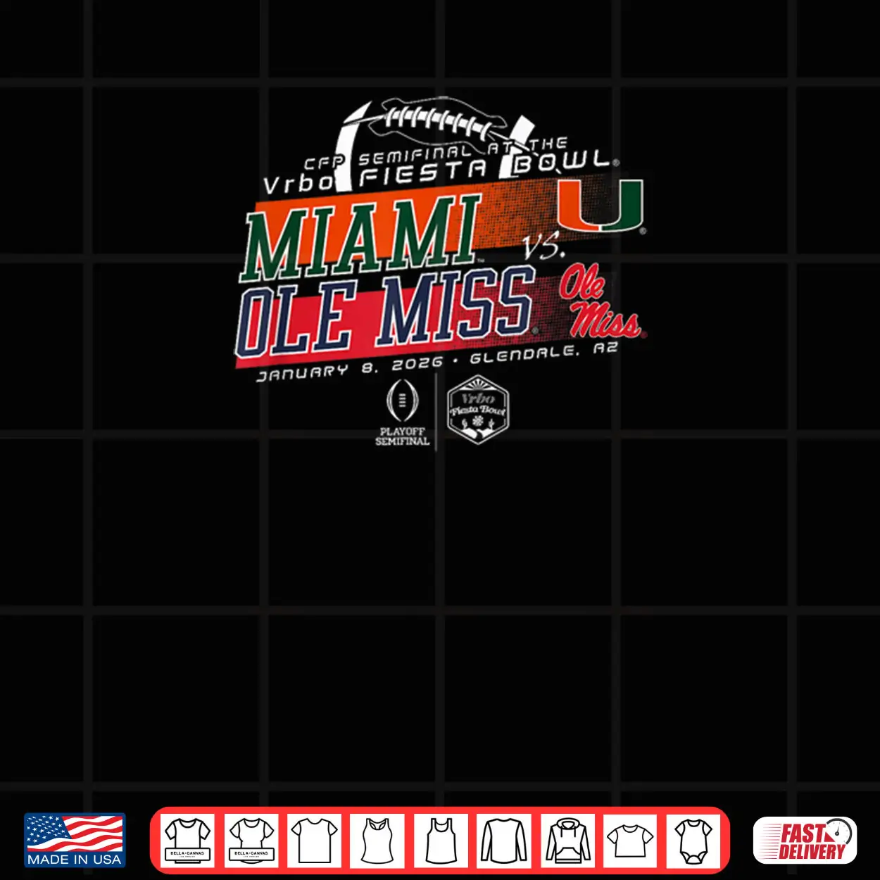 Miami Hurricanes v Ole Miss Rebels Fiesta Bowl 2026 CFP Semi Shirt Miami Hurricanes v Ole Miss Rebels Fiesta Bowl 2026 CFP Semi Shirt