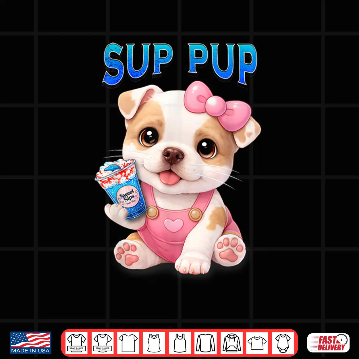 Sup Pup Cute Pitbull Puppy with Sweet Sips Cartoon Dog Shirt Sup Pup Cute Pitbull Puppy with Sweet Sips Cartoon Dog Shirt