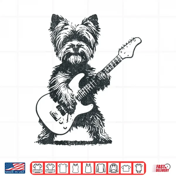 Design Vintage Yorkie Rock Dog Playing Guitar Funny Music Art Shirt