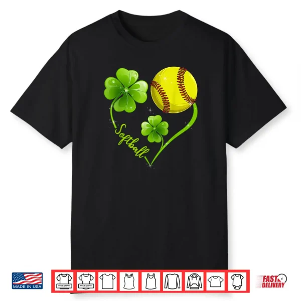 Funny Softball Lover Shamrock Clover Heart St Patrick’s Day Shirt