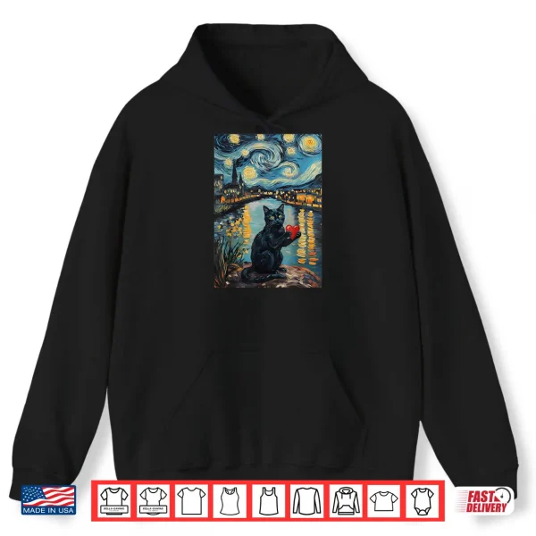 Hoodie Black Cat Starry Night Van Gogh Valentines Day Cat Lover Shirt