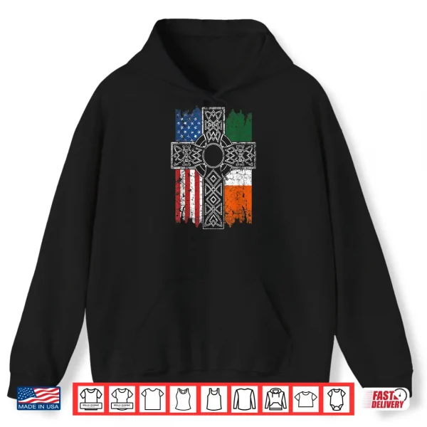 Hoodie Irish American USA Flag Celtic Cross St Patricks Day Shirt