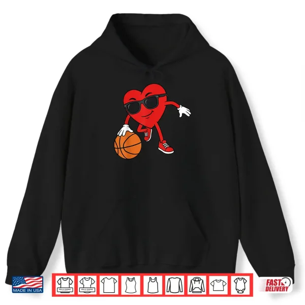 Hoodie Valentines Day Basketball Heart Playing Basketball Boys Kids Shirt