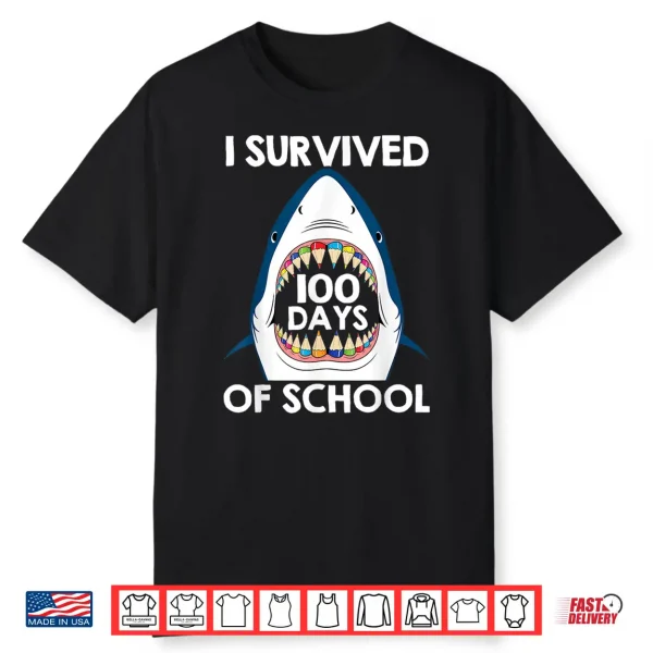 I Survived 100 Days Of School Funny Shark Teacher Kids Shirt