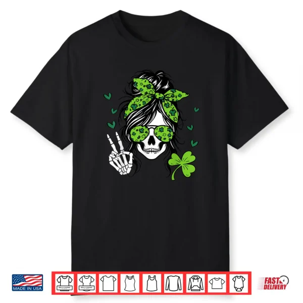 Lucky Irish Skull Girl St Messy Bun Patrick’s Day Women Shirt