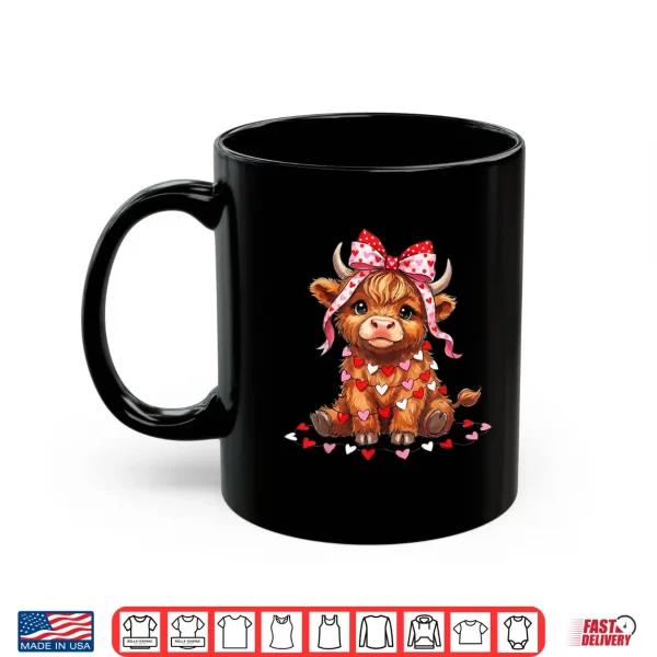 Mug Cute Highland Cow Pink Bow Coquette Red Heart Valentine Shirt