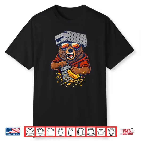 Retro Bear With Cheese Grater Hat And Sunglasses Sunse Funny Shirt