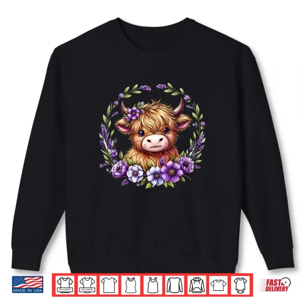 Sweatshirt Baby Highland Cow with Purple Flowers Scottish Farm Shirt 1