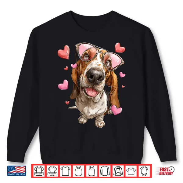 Sweatshirt Basset Hound Dog Valentines Day Heart Sunglasses Shirt