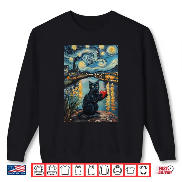 Sweatshirt Black Cat Starry Night Van Gogh Valentines Day Cat Lover Shirt