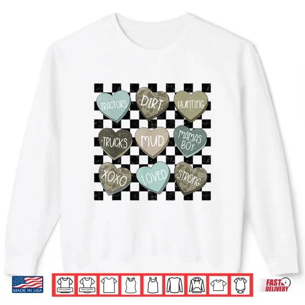 Sweatshirt Checkered Camo Conversation Hearts Valentines Day Men Boys Shirt