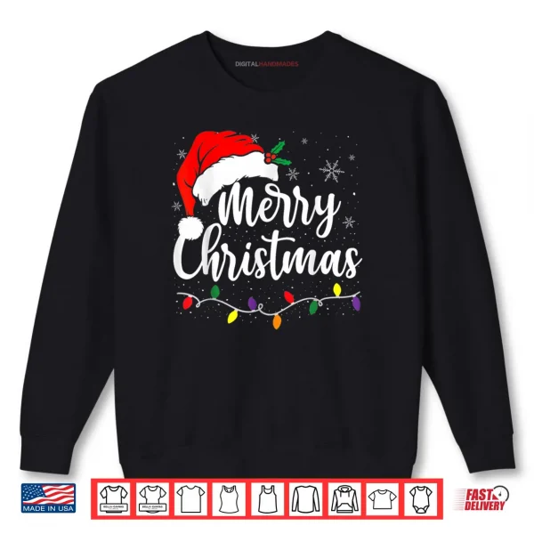 Sweatshirt Merry Christmas Lights Red Santa Hat Xmas Family Shirt