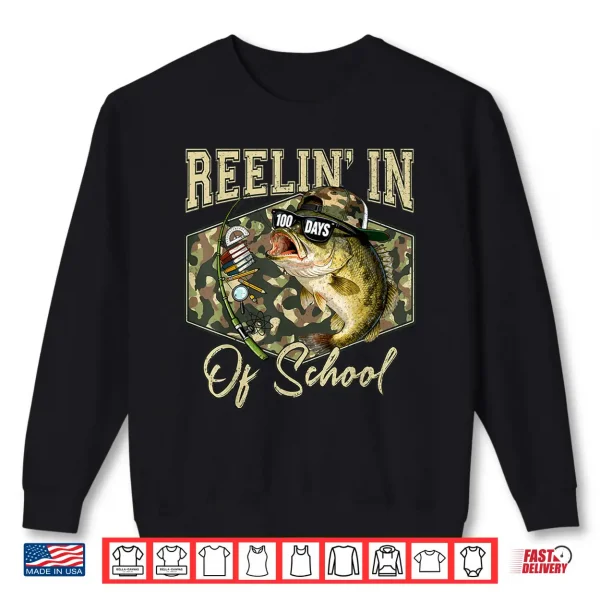 Sweatshirt Reelin in 100 Days of School Bass Fishing Lover Boy Teen Shirt