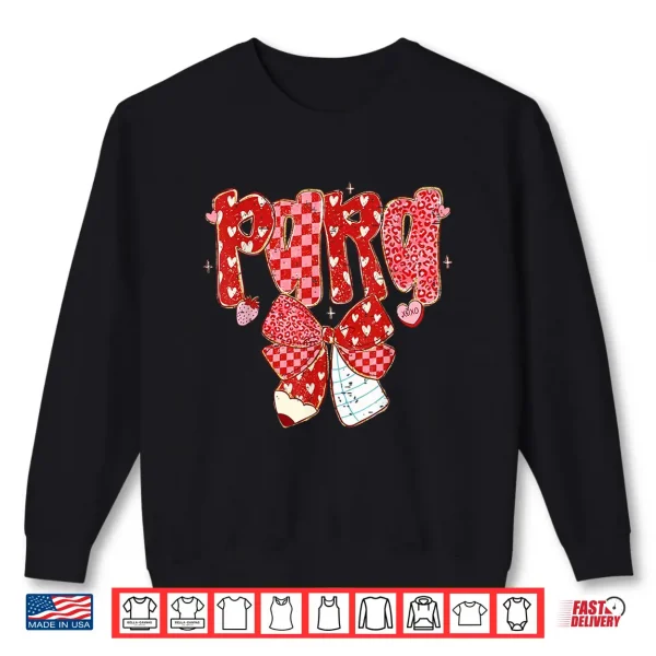 Sweatshirt Retro Checkered Coquette Bow Pencil para Teacher Valentine Shirt