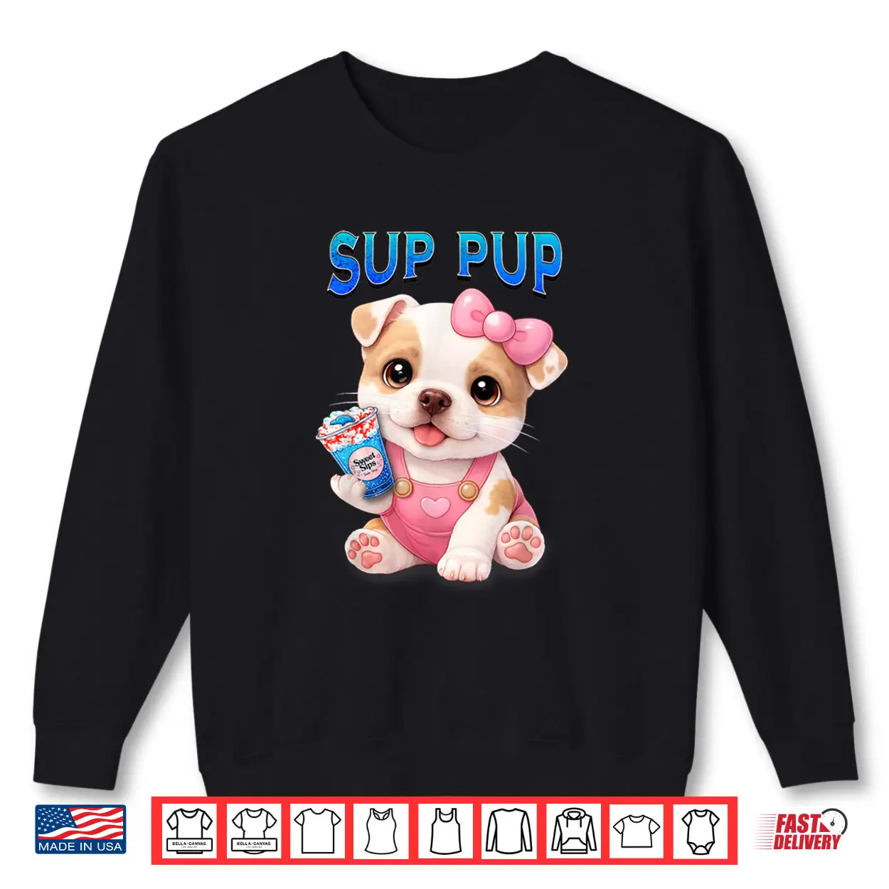 Sup Pup Cute Pitbull Puppy with Sweet Sips Cartoon Dog Shirt Sup Pup Cute Pitbull Puppy with Sweet Sips Cartoon Dog Shirt