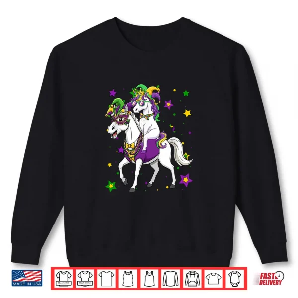 Sweatshirt Unicorn Riding Horse Mardi Gras Beads Masked Jester Hat Shirt