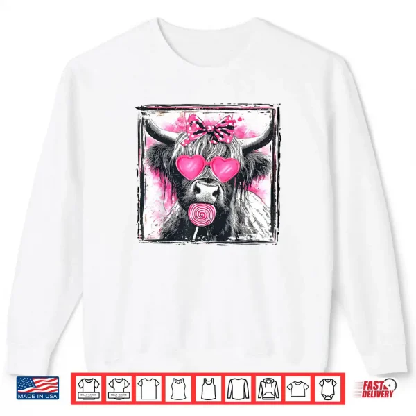 Sweatshirt Vintage Cute Lollipop Highland Cow Bow Valentine Pink Heart Shirt